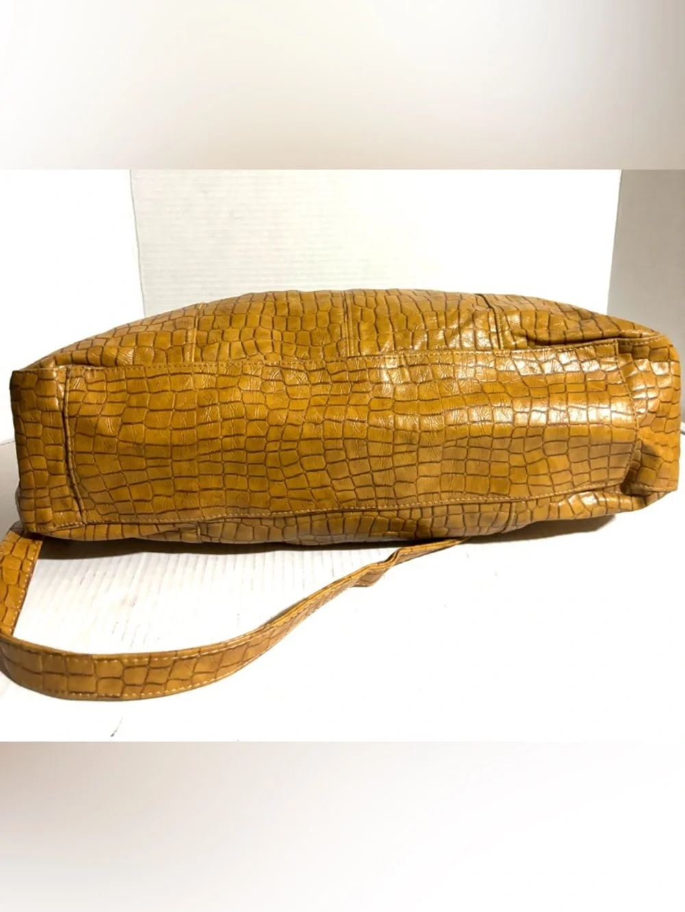 Braided-Handle Croc-Embossed Shoulder Bag in Mustard